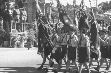 Photograph, Anzac Day march past Ringwood Clocktower, 1968