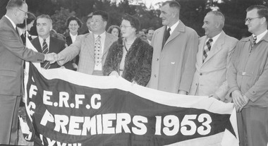 Photograph, East Ringwood Football Club 1953. Committee members with Premiers 1953 Flag