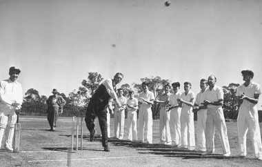 Photograph, Mayor bowls the first ball (Cricket)