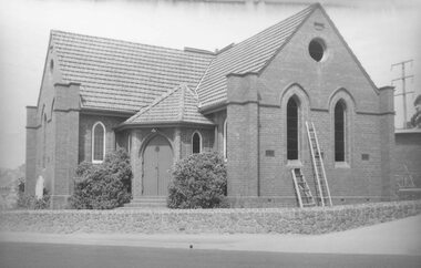 Photograph, Methodist Church, cnr Station Street and Greenwood Avenue, Ringwood - 1st step in demolition of windows - 1963