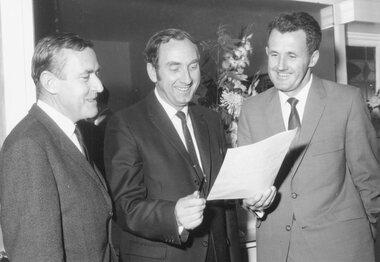Photograph, Ringwood Rotary Club members: George McLean, President, Ian Bruce, Vice-President, Bruce Whittaker, Secretary - October 1969
