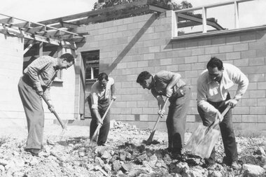 Photograph, North Ringwood Scout Hall - men at work on construction. c1965