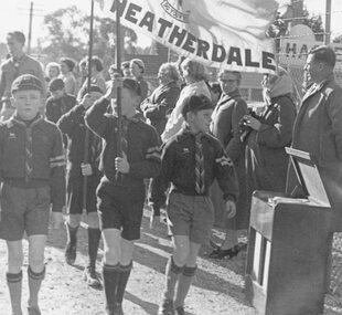 Photograph, Heatherdale Scout Group in parade, Scouts Carnival, c1959