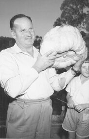 Photograph, Heathmont Kindergarten Fete.  Mr. G. Saunders with pumpkin (undated)