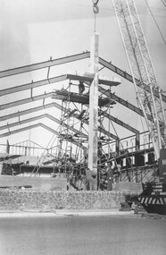 Photograph, Cross being lifted outside new Methodist Church Cnr. Station St. and Greenwood Ave. Ringwood. 1963