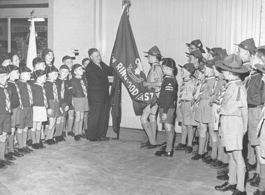 Photograph, Presentation of Colours to 4th Ringwood East Group by Mr. W. Eades, Secy. R.S.L. 26/2/1959