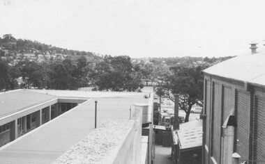 Photograph, View from town hall roof over reserve, 1962