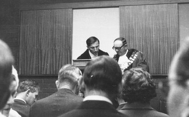Photograph, T.C.J. Webster and Ringwood Mayor Cr.B. Hubbard at Library opening, 2nd May 1970