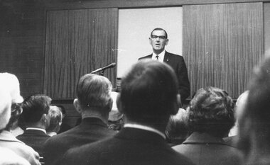 Photograph, K. Horn, State Librarian, speaking at Library opening, 2nd May 1970