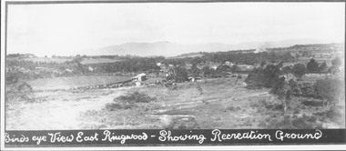 Photograph, Birds eye view East Ringwood - Showing Recreation Ground.  Mt. Dandenong Rd. on right.  Taken from present Civic Centre site.  Football final in progress - 1923