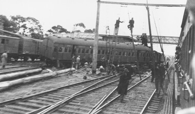 Photographs, Ringwood railway station precinct. Three images of derailment 22/6/1945