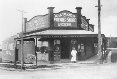 Photograph, Blood Bros store corner Pitt Street and Bedford Road, opposite Greenwood Ave. Ringwood. c1924. (Now Webdales)