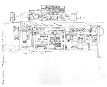 Photograph, Hand drawn picture by Eric Thake dated 1954 depicting Milne's Post Office and Store on the south-east corner of Oban Road and Warrandyte Road, North Ringwood