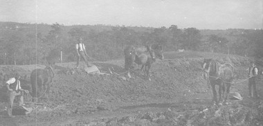 Photograph, Roadmaking by McGivens, Warrandyte Rd. just north of Mullum Creek. Easier to camp on job rather than take horses and machinery to and from Croydon. 1920s