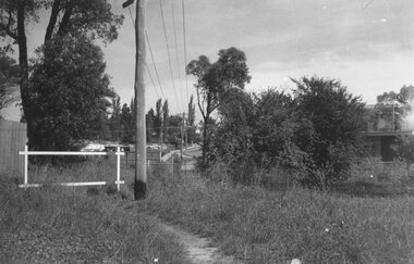 Photograph, Looking to Adelaide St. from Reynolds Ave. Ringwood (across Mullum Creek) 1973. Site of bridge washed away in floods 1931.  Infant Welfare Centre (Dr. Hewitts) on right