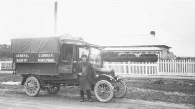 Photograph, Local carrier, N. Stephenson, Main Road Ringwood, photographed with his truck, 1925