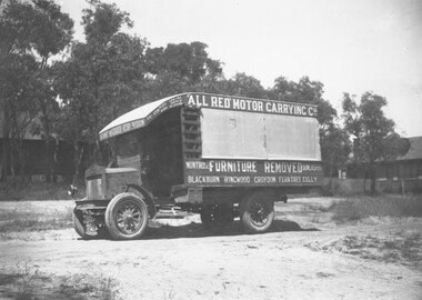Photograph, Local carrier - "All Red Motor Carrying Co." 179-183 Queen Street Melbourne, Tel. Cent. 6163, 6164. (Local rep was Arthur Knee, Arlington Street, Ringwood, Tel. Ringwood 243.) c.1926