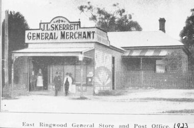 Photograph, Skerrett's Store and Post Office, 1923.  Diagonally opposite from Club Hotel in Mount Dandenong Road