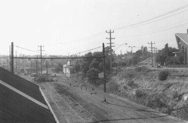 Photograph, Ringwood rail lines.  1976.  Methodist church on right in picture