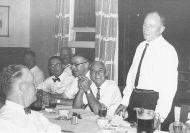 Photograph, Ringwood Cricket Club Presentation Night.  L. to R.  F. Hodgkins, L. Salvana, R. Spencer, W. Holloway, C. Beaumont. c.1955