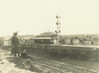 Photograph, Ringwood Railway Station from Station St. looking north west.  Old state school in background at right - c.1910