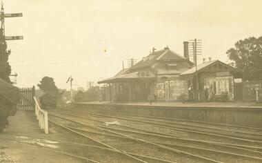 Photograph, Ringwood Railway Station early 20th century.  Note the old telephone wires on the poles