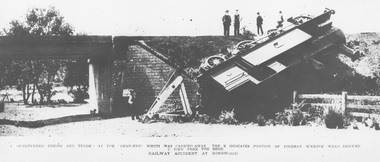 Photograph, Ringwood derailment on 11 Feb 1908 at Wantirna Rd. underpass looking north. Maroondah Highway near trees beyond underpass