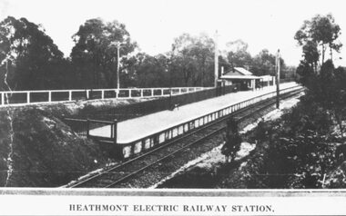 Photograph, Heathmont Railway Station, 1926.  Image taken from a land sale brochure advertising Charm-View Estate Sub-division opposite the station