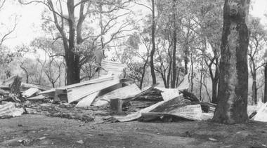 Photograph, Ringwood Rife Range hut and target shed at Jumping Creek Reserve after 1962 bush fires