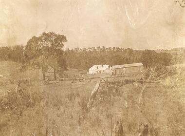 Photograph, Quambee and shed c.1912 before the orchard was planted.  Coombes' paddock at rear left two gum trees; Arnson's land at rear
