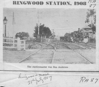 Newspaper - Photograph, Newspaper clipping from 25/07/1957 of photograph taken at railway crossing with railway lines leading to Ringwood Railway Station in 1908