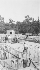 Photograph, Ringwood baths under construction, 1934.  White railing at centre right is on the bridge across Mullum Creek