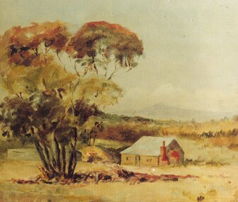 Photograph, Painting by Mrs. Miles of the first mine manager's cottage at mine site, East Ringwood.  (No record of date)