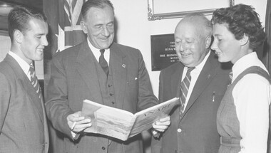 Photograph, Ringwood High School.  Mr. Bloomfield, MLA. Minister Education, Mr. Bennet, Principal and two school prefects.  c.1956-7