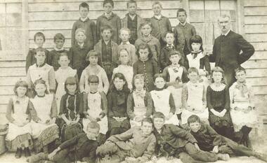 Photograph, Mr. E. F. Cass and pupils at Ringwood's first school - Cass State School 1451, 1883