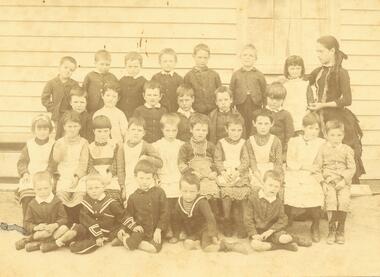Photograph, Miss Cass with pupils of Mr. Cass's school, corner Main Road and Everard Road East Ringwood, 1888