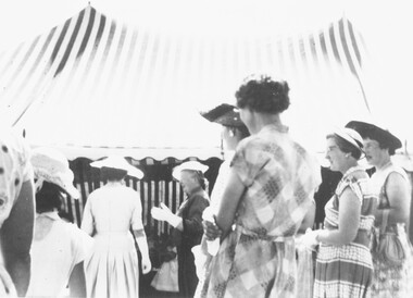 Photograph, Official opening of Greenwood Park Kindergarten, Greenwood Avenue, Ringwood on 10th December 1955. Lady Brooks being escorted for refreshments by Mrs. E.V. Pullin.  Also Mrs. Edna Lewis with her back to the camera and  Mrs. Pam Gallienne next to her