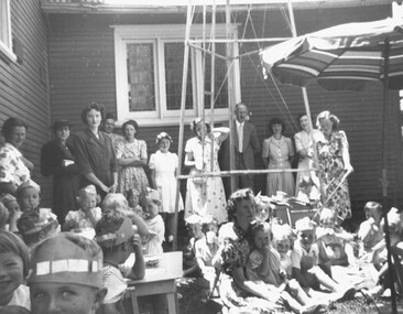 Photograph, 1950 - Parish Hall Xmas Party, Church of England, Ringwood Street, Ringwood.  Mrs. Caughey, Mrs. McCrae Senr. Mr. and Mrs. G. Williams, Mr. John McCrae, Mrs. M. McCall, Mrs. McWilliam, Mrs. Dedman, Mrs. Win Leslie, Director