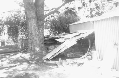 Photograph, Sections of dismantled miner's cottage stored at Council Depot on Maroondah Highway. 1979
