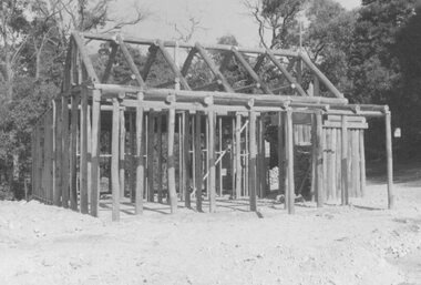 Photograph, Replica Miner's Cottage at Ringwood Lake Park, Maroondah Highway, Ringwood, photographed progressively during construction and leading up to the official opening by Cr. Pat Gotlib, Mayor of Ringwood, and Mrs. Ellie Pullin, Ringwood Historical Research Group on 29th May, 1983
