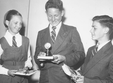 Photograph, Ringwood High School's top scholars for 1955.  L. to R.: Judith Nott, 3rd: Victor Greenham, Dux of School: Colin Grant, 2nd. Victor also found time to be the club swimming champion. (Ringwood Mail newspaper article - 12/1/1956)