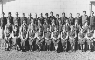 Photograph, Ringwood High School - 1954, Form 1D.  Boys standing (L-R): 1. Alan Carter, 2. David Lightfoot, 3. Maurice Henry, 4. Peter Van Ketwick, 5. Douglas Hume, 6. Alistair Wilkie, 7. John McCallum, 8. Robert Summerville, 9. Geoff Barker, 10. Ken Landy, 11. Peter Gluth, 12. Alan Richards, 13. Geoff Edwards, 14. Len Armfield, 15. Ray Davidson.  Girls standing: 1. Sally Wilson, 2. Brenda Shore, 3. Jeanette Hancy, 4. Lea Boyce, 5. Carol Kennedy, 6. Joy MacDonald, 7. Diana Richards, 8. Racheal Nield, 9. Jeanette Martin, 10. Muriel Peacock, 11. Jennifer Bradley.  Girls seated: 1. Barbara Tortoise, 2. Barbara Gotts, 3. Janice White, 4. Fay Clarice, 5. Wendy Pyke, 6. Moya Crane, 7. Dianne Dewer, 8. Dorothy Hunter, 9. Nola Hind, 10. Barbara Johnson, 11. Meryl Hearnes