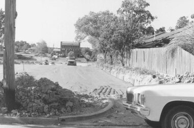Photograph, Road construction works for Target Square Shopping Centre, viewed towards Charter and Seymour Streets from Bond Street, Ringwood - 1984