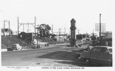 Postcard, Ringwood Main St and Clocktower in original position, Looking West.1956. Rose Series P.13869 Postcard