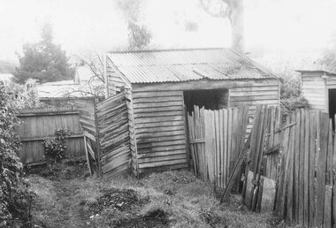 Photograph, Sheds and view Goodwins boot shop, Ringwood, undated (possibly 1958-9)