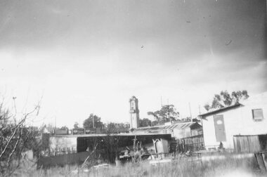 Photograph, Ringwood Clock tower from outside Presbyterian Church, Adelaide Street - 1957