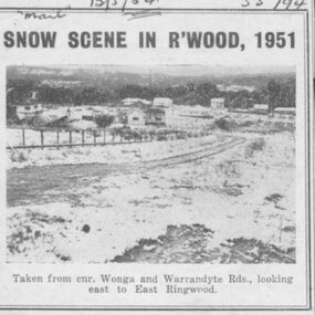 Newspaper Clipping, Snow Scene in Ringwood, 1951 - from Ringwood Mail 1954