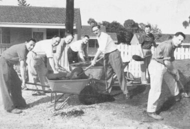 Photograph, Working Bee, Mayor Reg Spencer in Centre in glasses, early 1950's. Possibly Heathmont