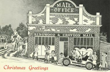 Card, Jack Montgomery, Ringwood Mail Christmas Greetings Card with potted history 1965.Reproduced from the original drawings completed on site by Artist-Historian, Jack Montgomery