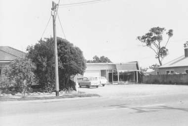 Photograph, Warrandyte Road, Ringwood.  Shops adjacent to corner store.  1972. Demolished February 1973
